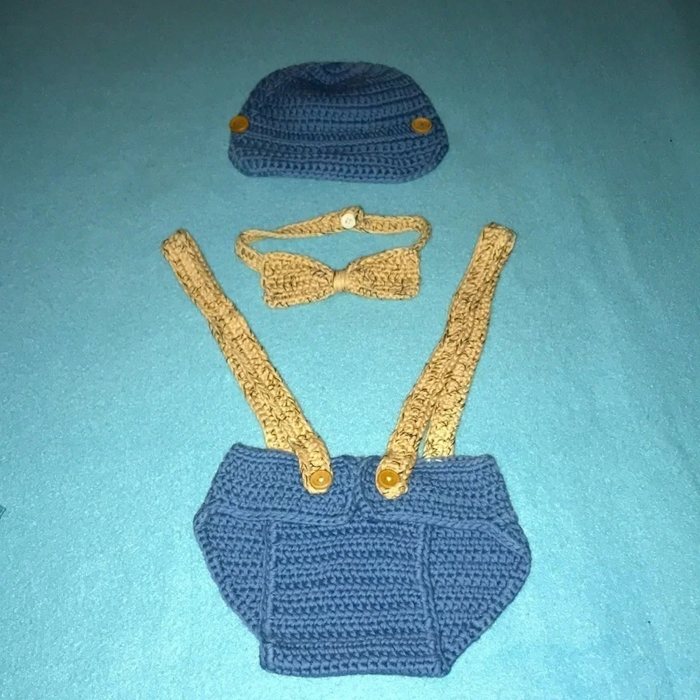 HANDMADE CROCHETED hat,matching bottoms suspenders and bow tie size 3-6 months